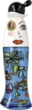 Moschino Cheap & Chic So Real woda toaletowa, butelka z karykaturą twarzy i barwnymi grafikami, widok z przodu.