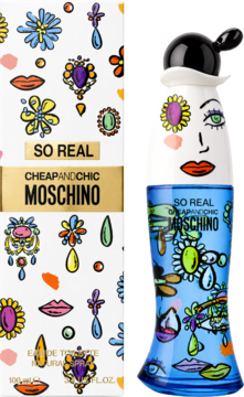 Moschino So Real woda toaletowa dla kobiet. Kolorowe pudełko i flakon w kształcie postaci, ozdobione kwiatami i biżuterią.