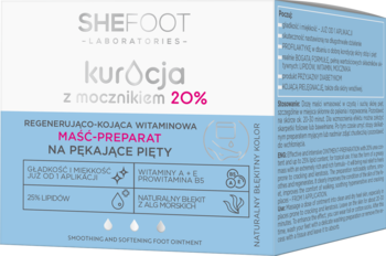 Shefoot kuracja z mocznikiem 20% maść na pękające pięty, niebieskie opakowanie, widok z przodu.