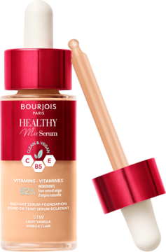 Butelka podkładu Bourjois Healthy Mix Serum 51W Light Vanilla, z czerwoną pipetą z kroplą płynu.