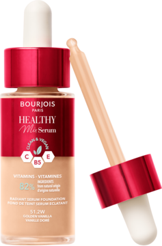 Bourjois Healthy Mix Serum Foundation 51.2W w szklanej butelce z czerwoną zakrętką, obok kroplomierz.