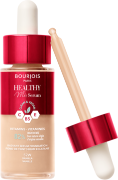Bourjois Healthy Mix Serum Foundation, szklana butelka z czerwoną nakrętką, z aplikatorem-pipetą obok, kolor Vanille.