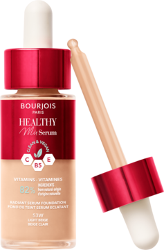 Podkład-serum Bourjois Healthy Mix w beżowym odcieniu, szklana butelka z czerwonym zakraplaczem obok, kapiący produkt.