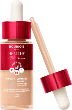 Beżowy podkład-serum Bourjois Healthy Mix w butelce z czerwoną zakrętką, obok aplikator.