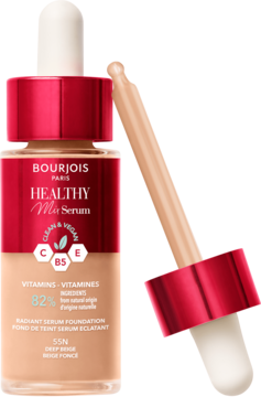 Beżowy podkład-serum Bourjois Healthy Mix w butelce z czerwonym korkiem, widoczny kroplomierz obok.