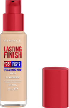Rimmel Lasting Finish podkład 001 Pearl, z kwasem hialuronowym, w beżowej butelce z czerwoną nakrętką obok.