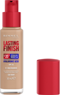 Beżowy podkład Rimmel Lasting Finish 35H nawilżający, w szklanej butelce z czerwoną pompką, zakrętka obok.