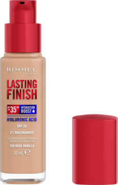 Rimmel Lasting Finish 35H podkład, beżowa butelka z kwasem hialuronowym SPF 20, czerwona pompka, zakrętka obok.