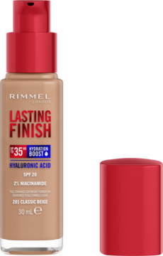 Rimmel Lasting Finish foundation w beżowym szklanym flakonie z czerwoną pompką, widok z przodu, obok czerwona zakrętka.