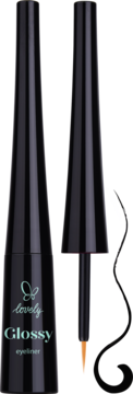 Dwa czarne, błyszczące eyelinery Lovely Glossy, jeden zamknięty, drugi z wyjętym precyzyjnym aplikatorem.