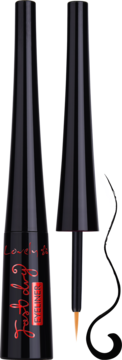 Czarny płynny eyeliner Lovely Fast dry: butelka zamknięta i otwarta z aplikatorem rysującym precyzyjną linię.
