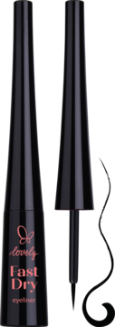 Czarny szybkoschnący eyeliner Lovely Fast Dry z pędzelkiem, otwarty i zamknięty, z różowym napisem i motylem.