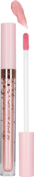 Lovely Dreamy różowy błyszczyk w przezroczystej tubce z brokatem, widoczny aplikator i swatch obok.