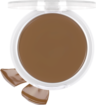 Kremowy bronzer Lovely Creamy Pudding nr 1, brązowy, w białym, otwartym kompakcie, widok z góry. Widoczne kremowe kawałki.