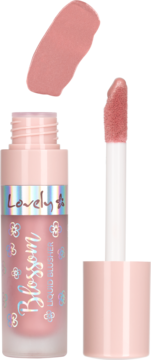 Płynny róż Lovely Blossom #2, jasnoróżowy, w matowej butelce z holografią, aplikator i swatch.