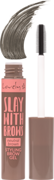 Lovely Slay With Brows neutral brown żel do brwi, brązowa tubka z różową etykietą, obok wyjęta szczoteczka.