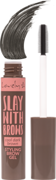 Open tube of Lovely Slay With Brows Styling Brow Gel in Cool Dark Brown. Dark brown product swatch next to brush.