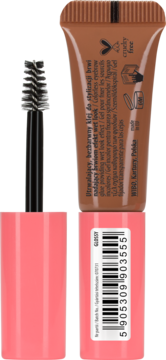 Lovely Glossy Eyebrow Glue, bezbarwny klej do brwi w brązowej tubce, otwarty, z aplikatorem obok, widok tyłu.