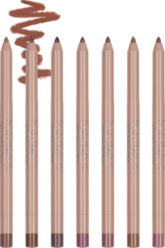 Siedem kredek do ust Latex Lip Pencil w odcieniach nude, brązu, różu i śliwki, widok z przodu. Idealne do konturu.