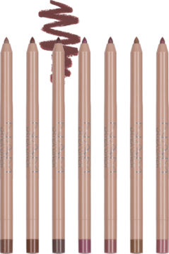 Siedem automatycznych, kremowych kredek do ust Latex Lip Pencil w odcieniach nude, brązu i śliwki, z testową smugą.