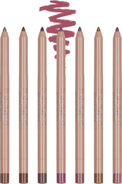 Siedem kremowych, automatycznych kredek do ust Latex Lip Pencil w palecie odcieni nude, brązu i różu.