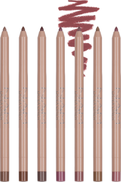 Widok siedmiu beżowych kredek Latex Lip Pencil w różnych odcieniach, z kremowym wzornikiem koloru.