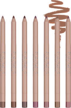 Siedem pionowych kredek Latex Lip Pencil w kremowych odcieniach nude, brązu, śliwki, ze swatchami obok.