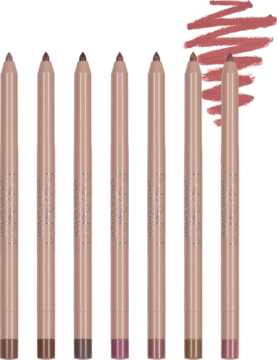 Siedem kremowych kredek do ust Latex Lip Pencil w rzędzie, odcienie nude, śliwki i czerwieni, z próbką koloru.