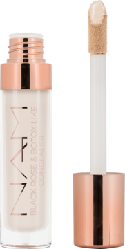 NAM Black Rose & Botox-Like Concealer: otwarta tubka z różowo-złotym akcentem i aplikatorem z beżowym korektorem.