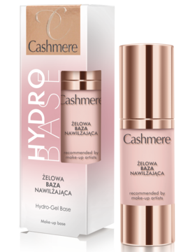 Cashmere Hydro Base, nawilżająca baza żelowa w butelce rose gold stojącej przy białym pudełku.