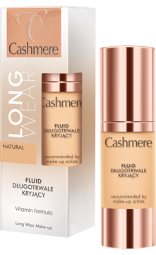 Cashmere Long Wear Make-Up fluid, matujący, w beżowej butelce z pompką i białym opakowaniu, widok z przodu.