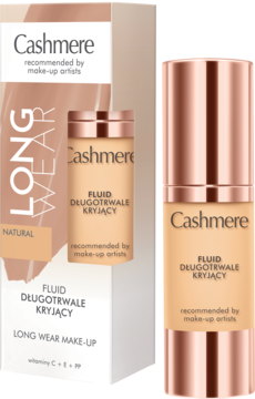 Cashmere Fluid Długotrwale Kryjący: beżowy matujący podkład w butelce z pompką, obok pudełka, widok z przodu.