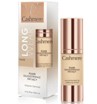Matujący podkład Cashmere Long Wear Nude w beżowej butelce i kartoniku, fluid do każdego typu cery.