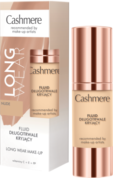 Cashmere Fluid Nude, długotrwale kryjący podkład w szklanej butelce z miedzianą pompką, widok z przodu obok opakowania.