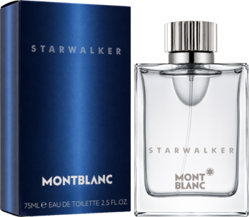Męska woda toaletowa Mont Blanc Starwalker. Przezroczysta butelka z srebrną zakrętką i granatowe pudełko, widok z przodu.