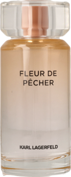 Karl Lagerfeld Fleur De Pêcher woda perfumowana, szklana butelka z brzoskwiniowym płynem, widok z przodu.