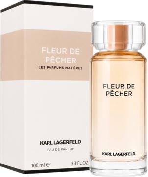 Karl Lagerfeld Fleur De Pêcher woda perfumowana 100ml, butelka obok białego pudełka z brzoskwiniowym paskiem.