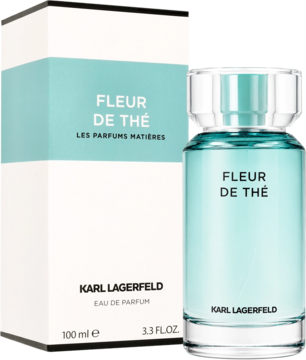 Karl Lagerfeld Fleur De Thé woda perfumowana, turkusowa butelka obok białego pudełka z turkusowym paskiem.