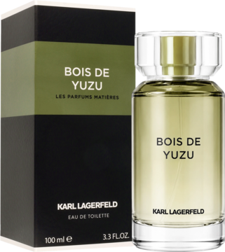 Perfumy Karl Lagerfeld Bois De Yuzu EDT 100ml. Butelka z jasnozielonym płynem i czarno-zielone pudełko.