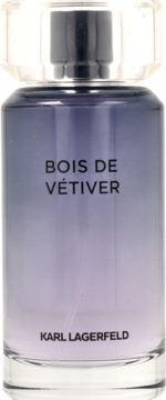 Karl Lagerfeld Bois de Vétiver, męska woda toaletowa w szklanej butelce z fioletowo-niebieskim gradientem, z przodu.