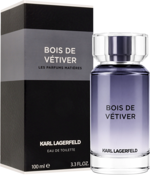 Karl Lagerfeld Bois de Vétiver woda toaletowa, butelka gradientowa fiolet-niebieski obok czarnego pudełka.