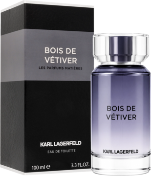 Karl Lagerfeld Bois de Vétiver, fioletowa męska woda toaletowa 100ml, flakon obok czarnego pudełka.