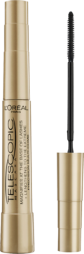 Złota maskara LOréal Telescopic, opakowanie i otwarta z czarnym, precyzyjnym aplikatorem grzebieniowym.
