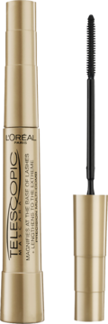Złota maskara LOréal Telescopic, opakowanie i otwarta z czarnym, precyzyjnym aplikatorem grzebieniowym.