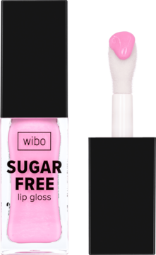 Różowy błyszczyk Wibo SugarFree z wyjętym aplikatorem, widok z przodu, butelka otwarta obok aplikatora.