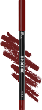 Czerwona konturówka Wibo Lip Define nr 6 (Lip Pencil) z czarnym korpusem i swatche na ciemnym tle.