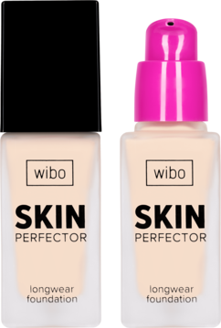 Dwie butelki podkładu Wibo Skin Perfector longwear foundation, jasny beż, jedna z czarną nakrętką, druga z różową pompką.