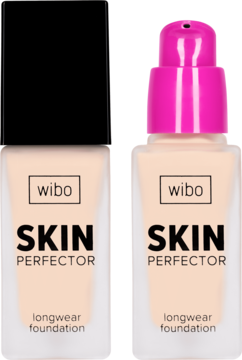Wibo Skin Perfector: beżowy podkład, butelki obok siebie, jedna z czarną nakrętką, druga z różową pompką.