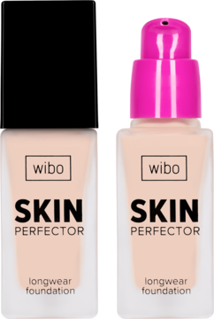 Dwa jasnobeżowe podkłady wibo SKIN PERFECTOR longwear: jeden z czarną nakrętką, drugi z różową pompką.