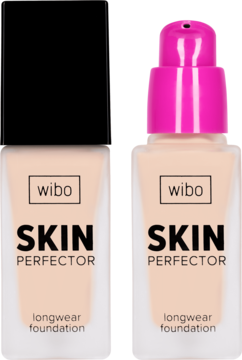 Beżowy podkład Wibo Skin Perfector longwear w dwóch butelkach, jedna z czarną nakrętką, druga z różową pompką.